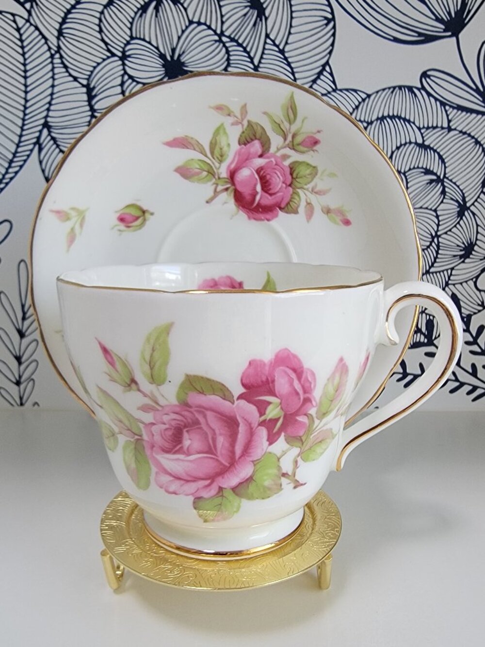 Adderley teacup & saucer, pink roses, gold trim, vintage, scallop, England